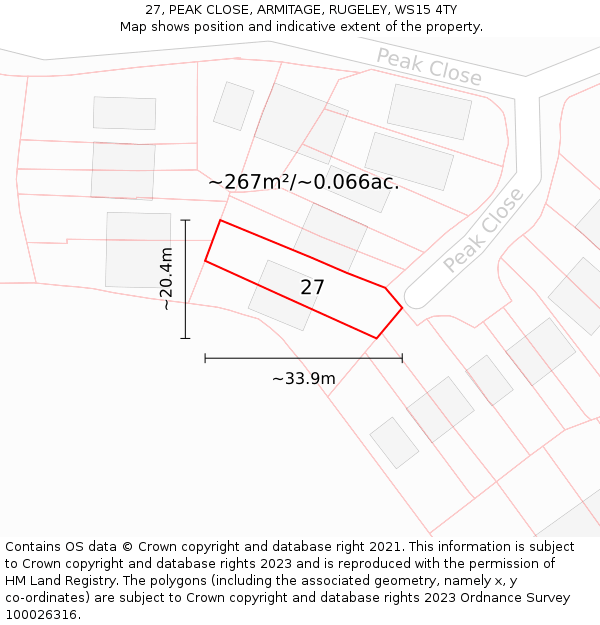 27, PEAK CLOSE, ARMITAGE, RUGELEY, WS15 4TY: Plot and title map