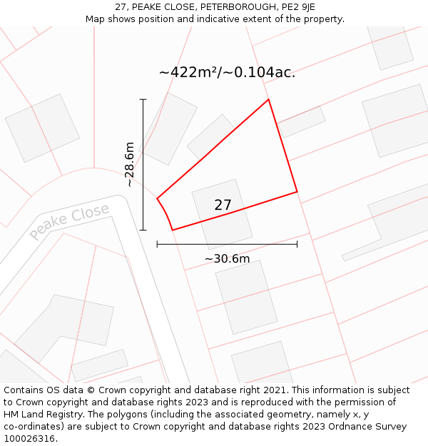 27, PEAKE CLOSE, PETERBOROUGH, PE2 9JE: Plot and title map