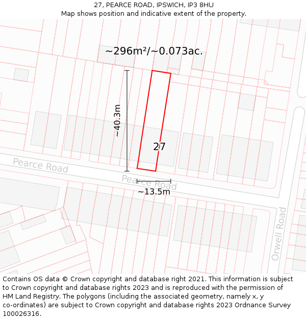 27, PEARCE ROAD, IPSWICH, IP3 8HU: Plot and title map
