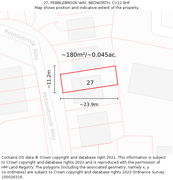 27, PEBBLEBROOK WAY, BEDWORTH, CV12 9HF: Plot and title map