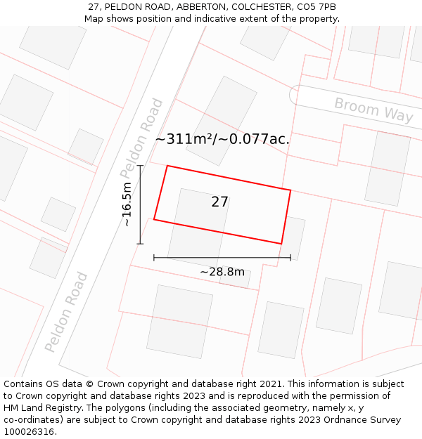 27, PELDON ROAD, ABBERTON, COLCHESTER, CO5 7PB: Plot and title map