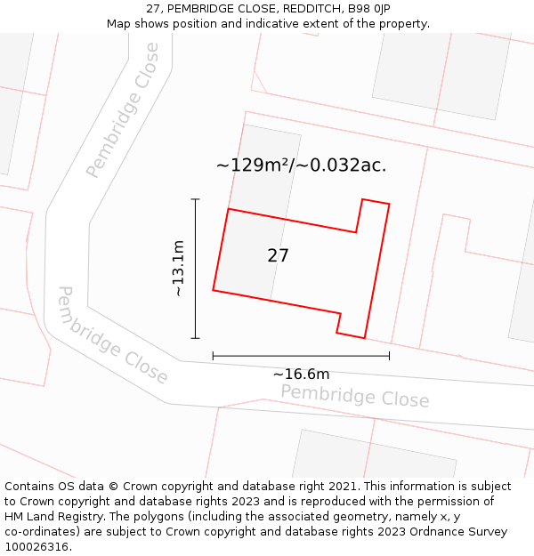 27, PEMBRIDGE CLOSE, REDDITCH, B98 0JP: Plot and title map