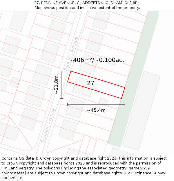 27, PENNINE AVENUE, CHADDERTON, OLDHAM, OL9 8PH: Plot and title map