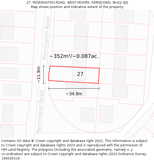 27, PENNINGTON ROAD, WEST MOORS, FERNDOWN, BH22 0JQ: Plot and title map
