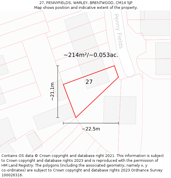 27, PENNYFIELDS, WARLEY, BRENTWOOD, CM14 5JP: Plot and title map