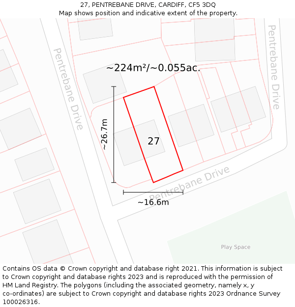 27, PENTREBANE DRIVE, CARDIFF, CF5 3DQ: Plot and title map