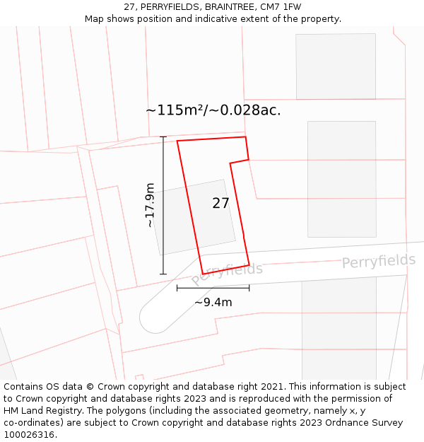 27, PERRYFIELDS, BRAINTREE, CM7 1FW: Plot and title map