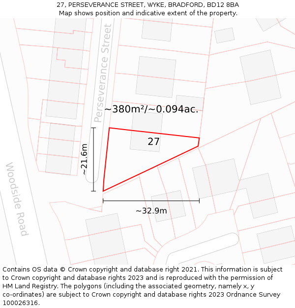27, PERSEVERANCE STREET, WYKE, BRADFORD, BD12 8BA: Plot and title map