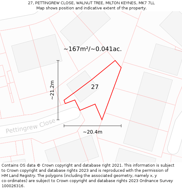 27, PETTINGREW CLOSE, WALNUT TREE, MILTON KEYNES, MK7 7LL: Plot and title map