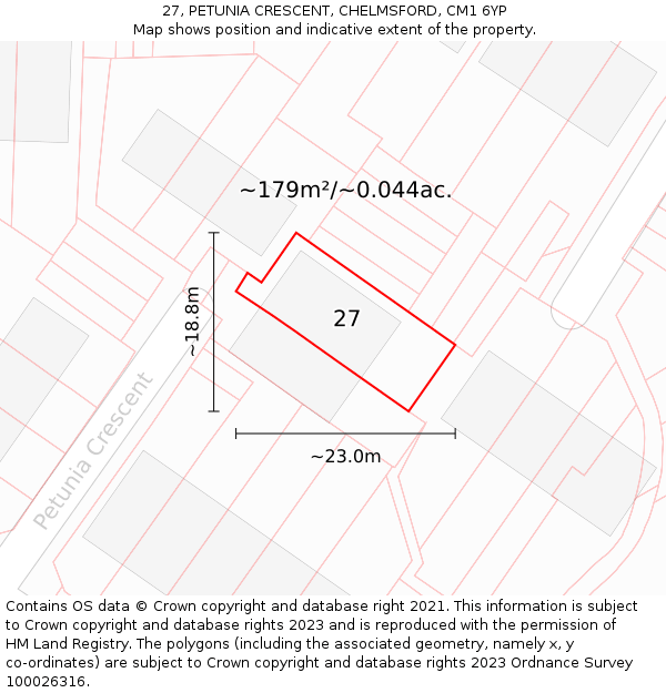 27, PETUNIA CRESCENT, CHELMSFORD, CM1 6YP: Plot and title map