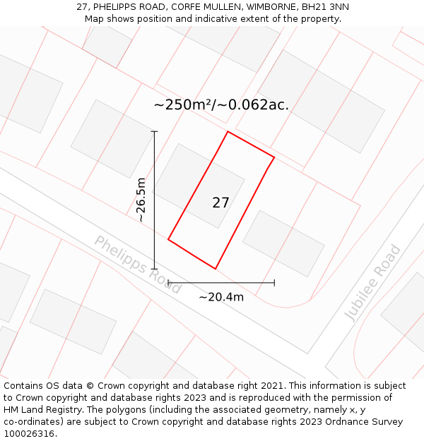 27, PHELIPPS ROAD, CORFE MULLEN, WIMBORNE, BH21 3NN: Plot and title map