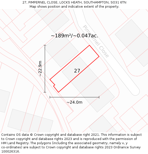 27, PIMPERNEL CLOSE, LOCKS HEATH, SOUTHAMPTON, SO31 6TN: Plot and title map