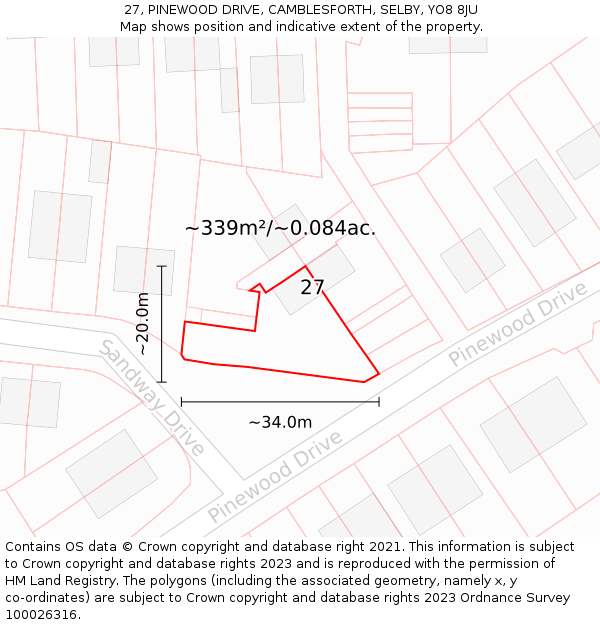 27, PINEWOOD DRIVE, CAMBLESFORTH, SELBY, YO8 8JU: Plot and title map