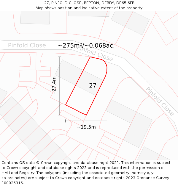27, PINFOLD CLOSE, REPTON, DERBY, DE65 6FR: Plot and title map