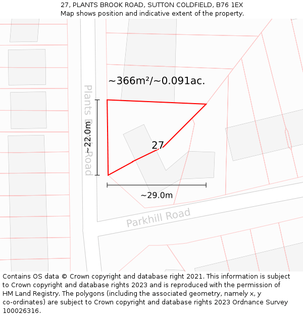 27, PLANTS BROOK ROAD, SUTTON COLDFIELD, B76 1EX: Plot and title map
