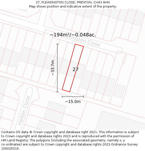 27, PLEASINGTON CLOSE, PRENTON, CH43 9HN: Plot and title map