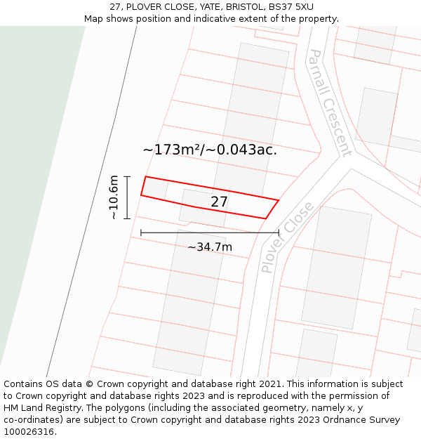 27, PLOVER CLOSE, YATE, BRISTOL, BS37 5XU: Plot and title map