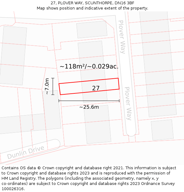 27, PLOVER WAY, SCUNTHORPE, DN16 3BF: Plot and title map