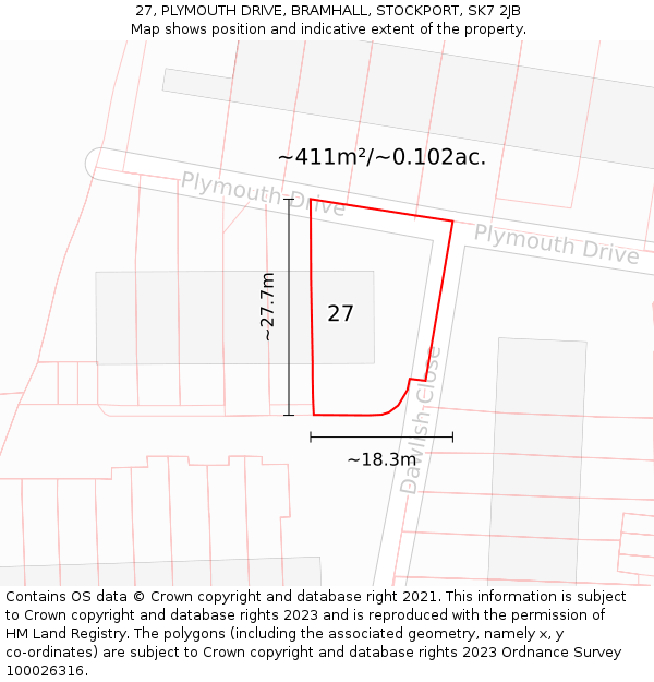 27, PLYMOUTH DRIVE, BRAMHALL, STOCKPORT, SK7 2JB: Plot and title map