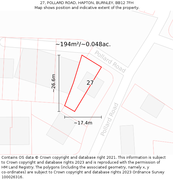 27, POLLARD ROAD, HAPTON, BURNLEY, BB12 7FH: Plot and title map