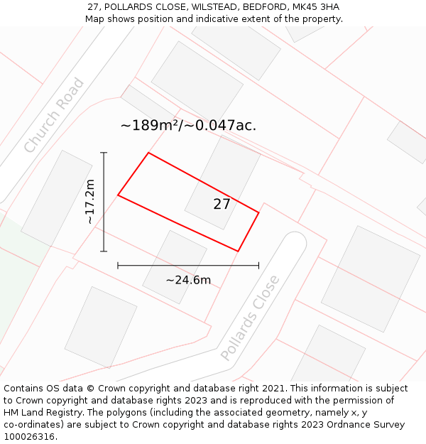 27, POLLARDS CLOSE, WILSTEAD, BEDFORD, MK45 3HA: Plot and title map