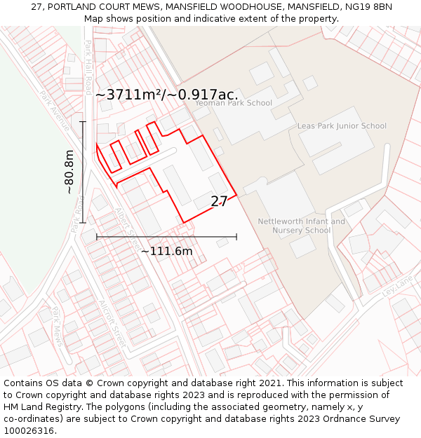 27, PORTLAND COURT MEWS, MANSFIELD WOODHOUSE, MANSFIELD, NG19 8BN: Plot and title map