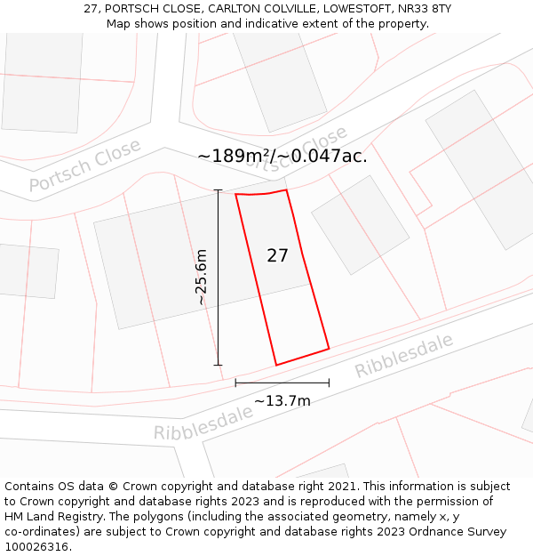 27, PORTSCH CLOSE, CARLTON COLVILLE, LOWESTOFT, NR33 8TY: Plot and title map