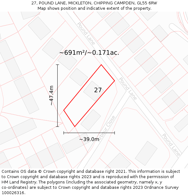 27, POUND LANE, MICKLETON, CHIPPING CAMPDEN, GL55 6RW: Plot and title map
