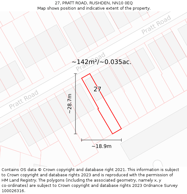 27, PRATT ROAD, RUSHDEN, NN10 0EQ: Plot and title map