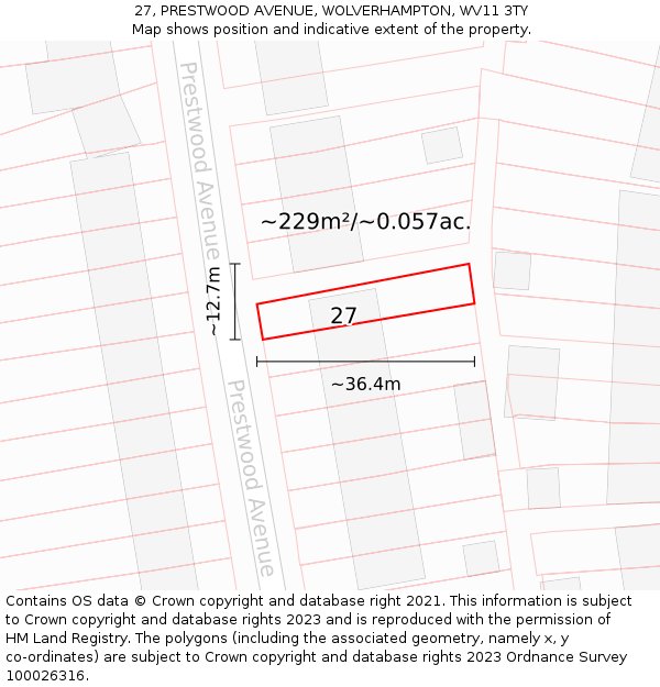 27, PRESTWOOD AVENUE, WOLVERHAMPTON, WV11 3TY: Plot and title map