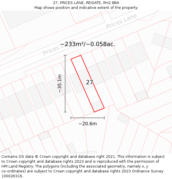 27, PRICES LANE, REIGATE, RH2 8BA: Plot and title map