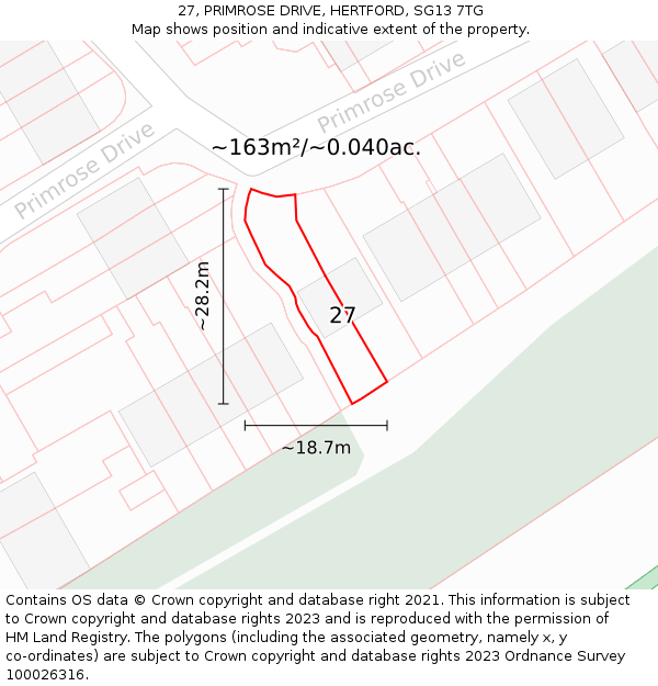 27, PRIMROSE DRIVE, HERTFORD, SG13 7TG: Plot and title map