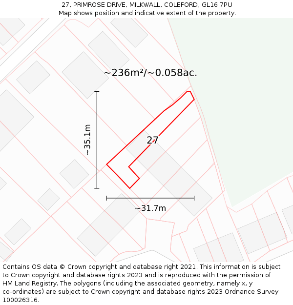 27, PRIMROSE DRIVE, MILKWALL, COLEFORD, GL16 7PU: Plot and title map