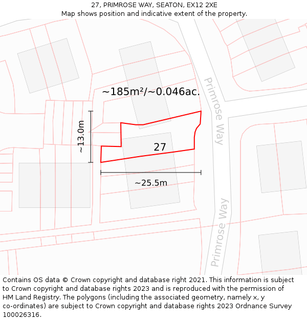 27, PRIMROSE WAY, SEATON, EX12 2XE: Plot and title map
