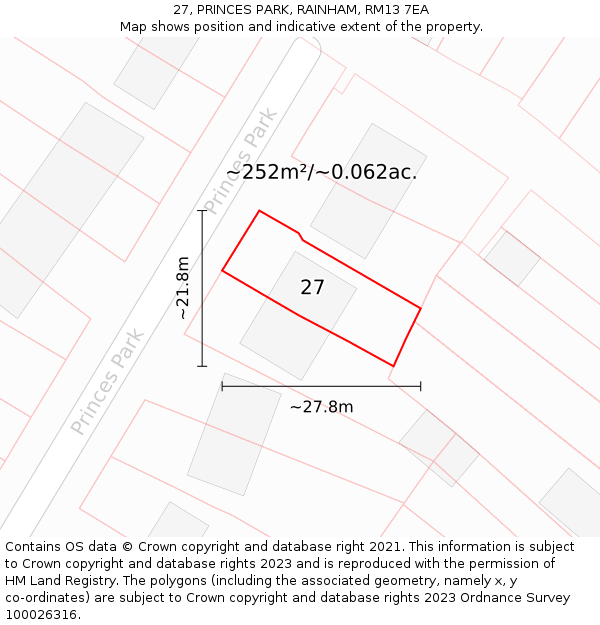 27, PRINCES PARK, RAINHAM, RM13 7EA: Plot and title map