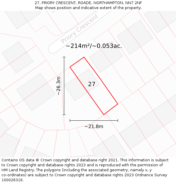 27, PRIORY CRESCENT, ROADE, NORTHAMPTON, NN7 2NF: Plot and title map