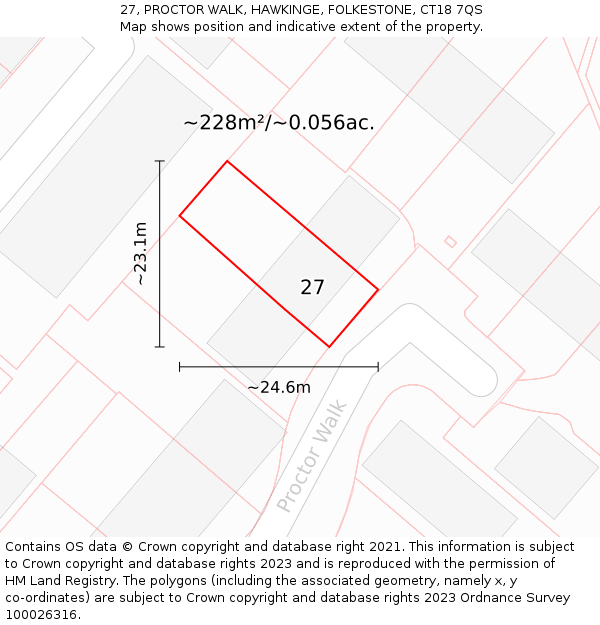 27, PROCTOR WALK, HAWKINGE, FOLKESTONE, CT18 7QS: Plot and title map