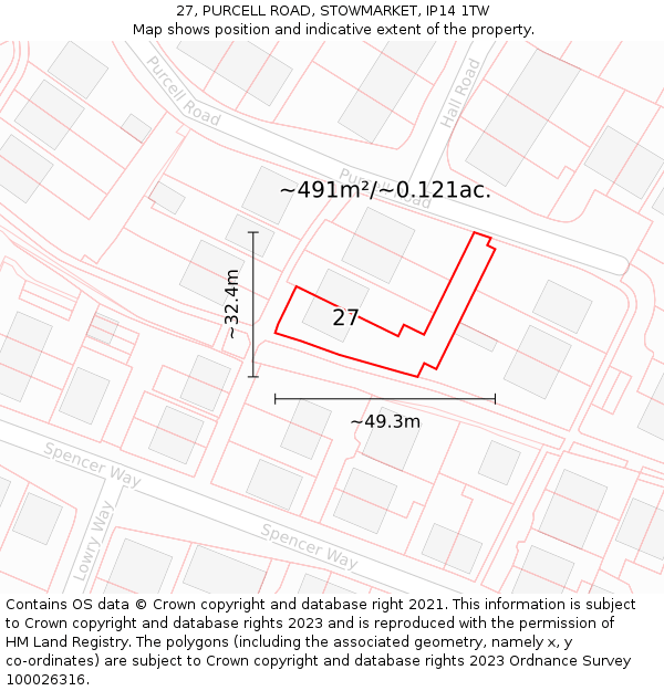 27, PURCELL ROAD, STOWMARKET, IP14 1TW: Plot and title map