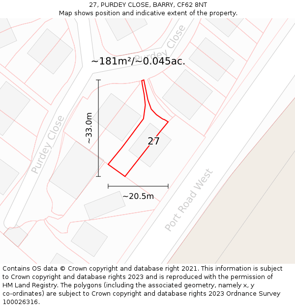 27, PURDEY CLOSE, BARRY, CF62 8NT: Plot and title map