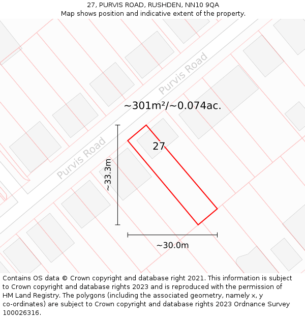 27, PURVIS ROAD, RUSHDEN, NN10 9QA: Plot and title map