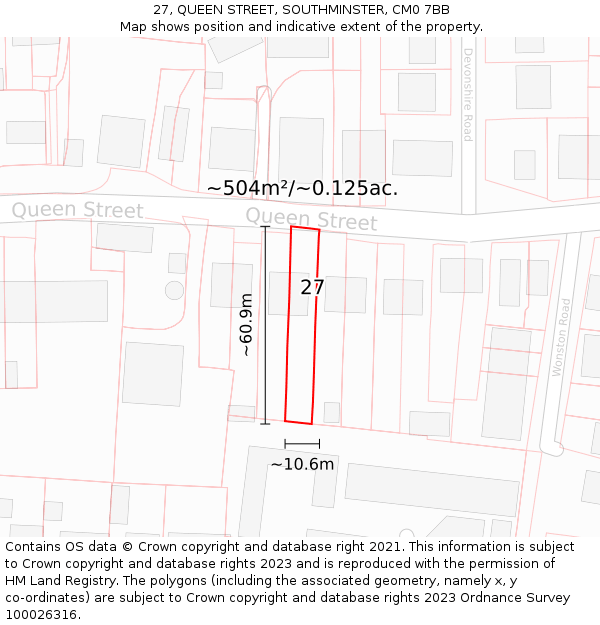 27, QUEEN STREET, SOUTHMINSTER, CM0 7BB: Plot and title map
