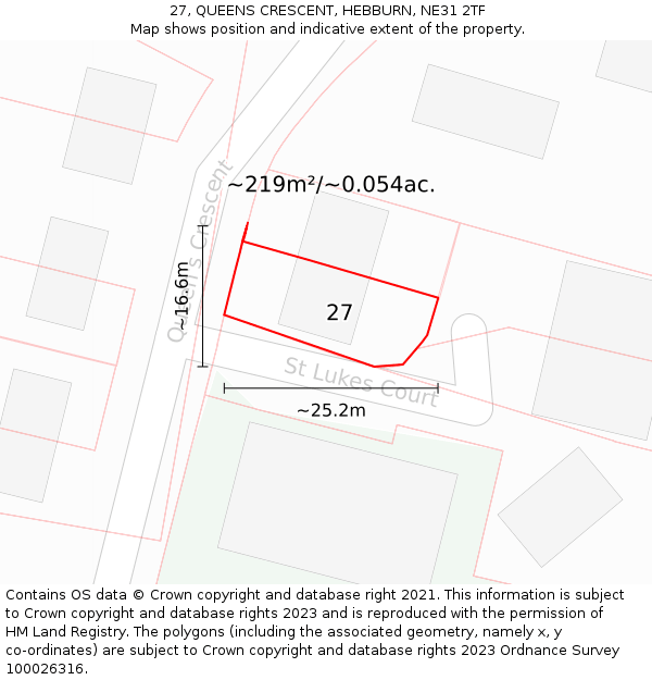 27, QUEENS CRESCENT, HEBBURN, NE31 2TF: Plot and title map