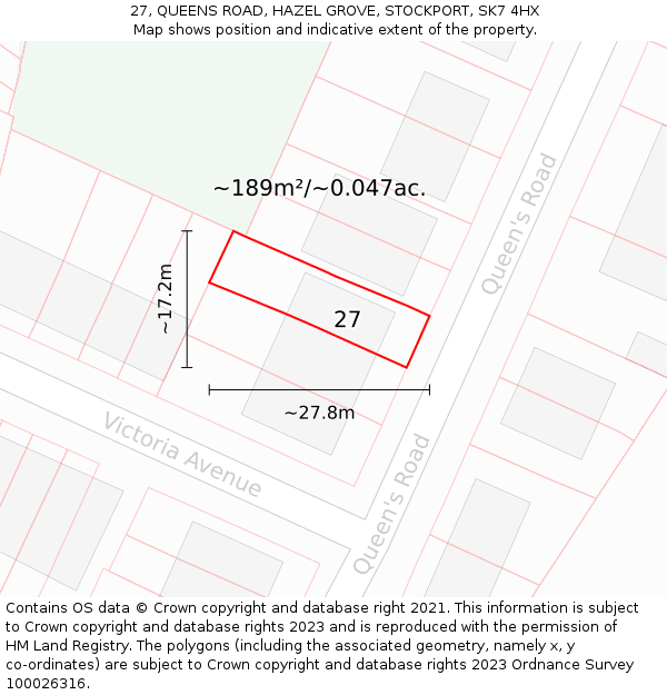 27, QUEENS ROAD, HAZEL GROVE, STOCKPORT, SK7 4HX: Plot and title map