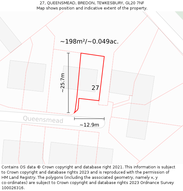 27, QUEENSMEAD, BREDON, TEWKESBURY, GL20 7NF: Plot and title map