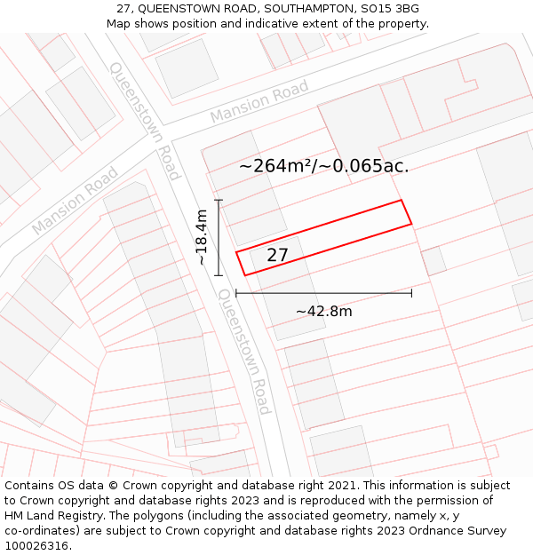 27, QUEENSTOWN ROAD, SOUTHAMPTON, SO15 3BG: Plot and title map