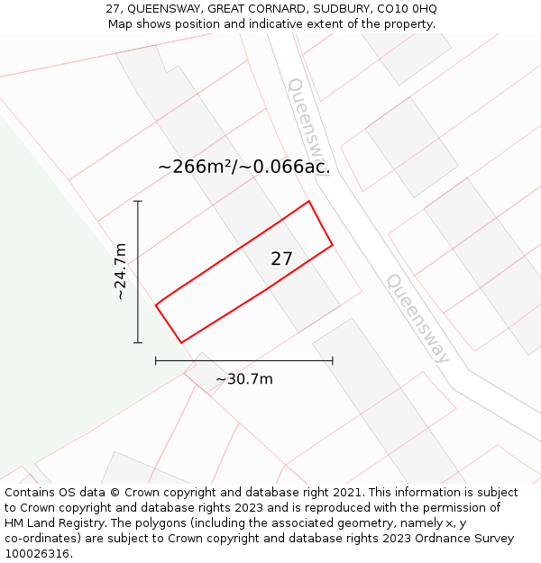27, QUEENSWAY, GREAT CORNARD, SUDBURY, CO10 0HQ: Plot and title map