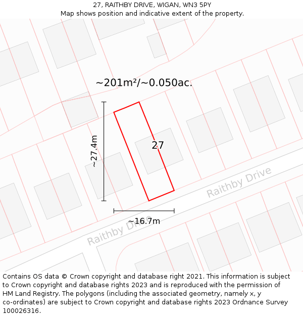 27, RAITHBY DRIVE, WIGAN, WN3 5PY: Plot and title map