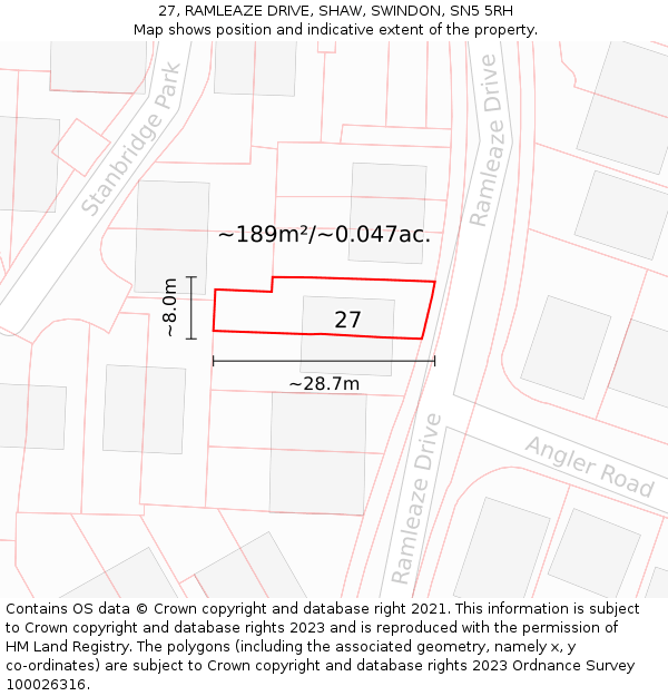 27, RAMLEAZE DRIVE, SHAW, SWINDON, SN5 5RH: Plot and title map