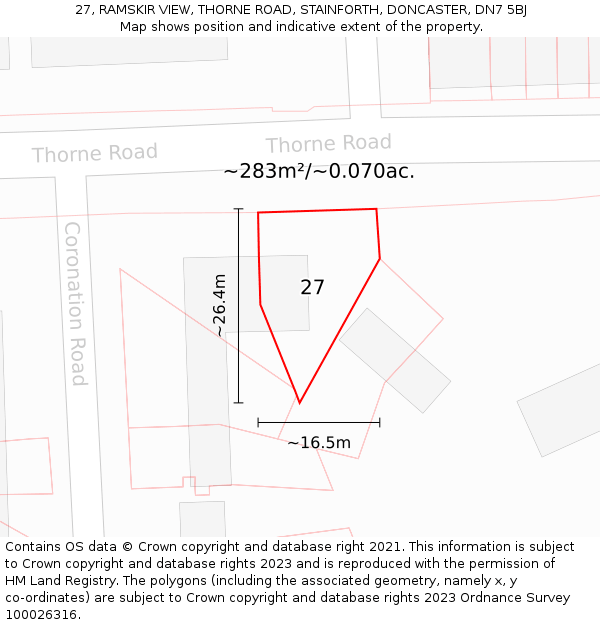 27, RAMSKIR VIEW, THORNE ROAD, STAINFORTH, DONCASTER, DN7 5BJ: Plot and title map