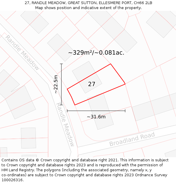 27, RANDLE MEADOW, GREAT SUTTON, ELLESMERE PORT, CH66 2LB: Plot and title map